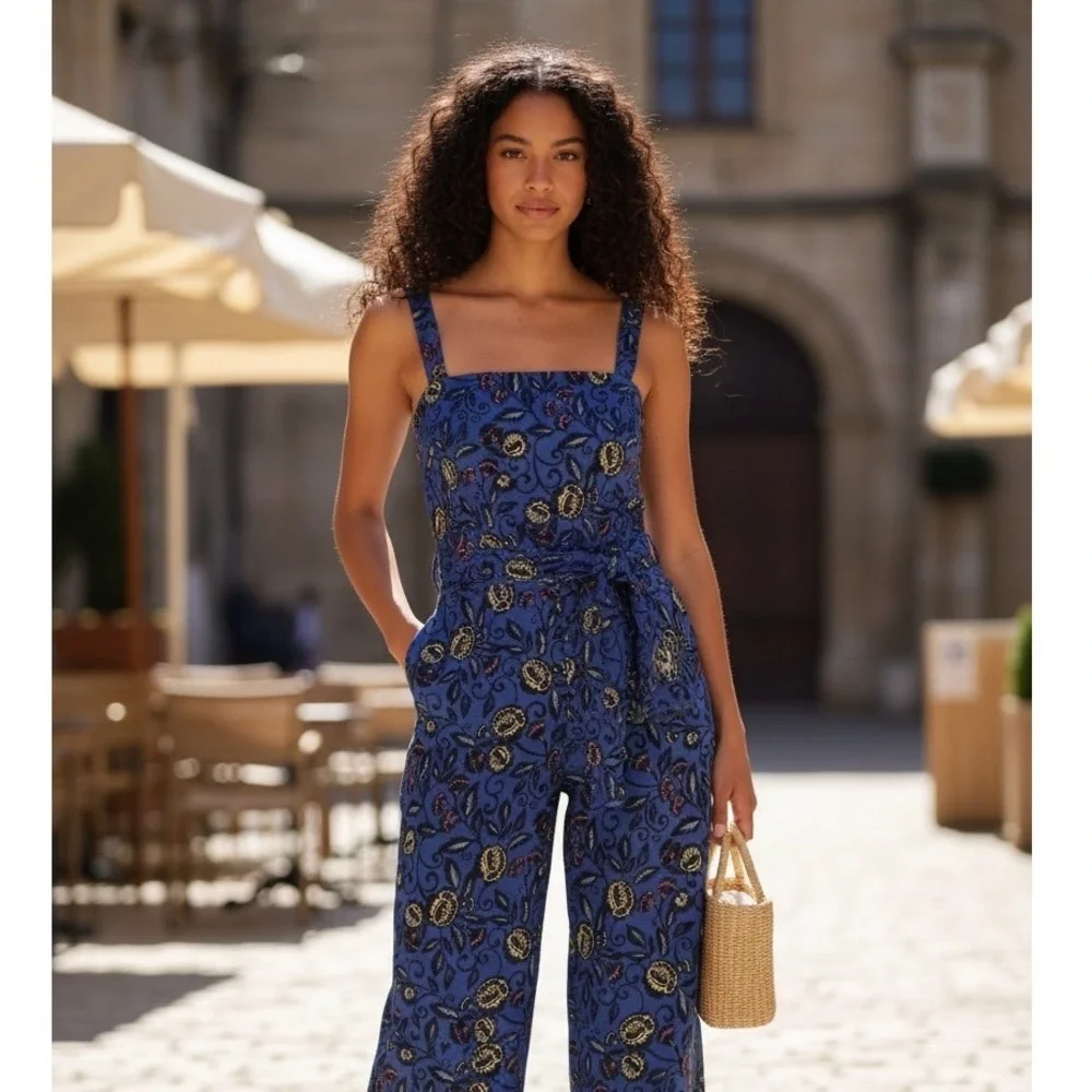 Cartonnier‎ by Anthropologie Jumpsuit Blue Floral Print Wide Leg crop Size 10